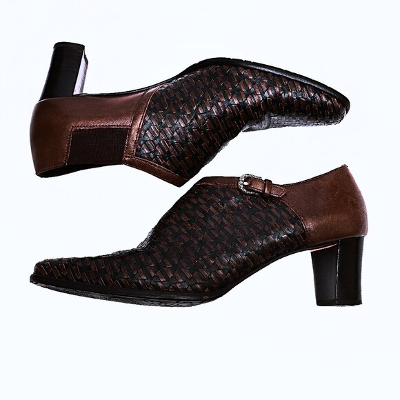 BRIGHTON “Turner” Sophisticated Woven Brown/Black Leather Booties Size 9 M - Picture 4 of 11